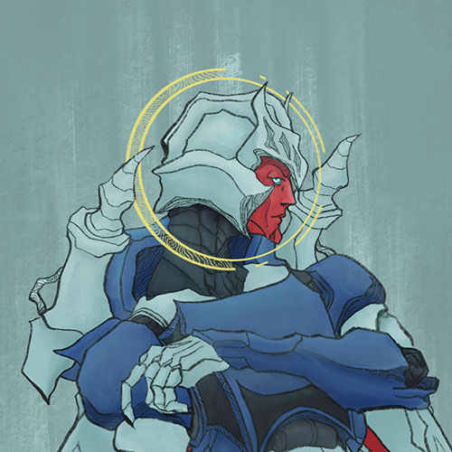 A fully color image with an oragnic shaped blue robot.